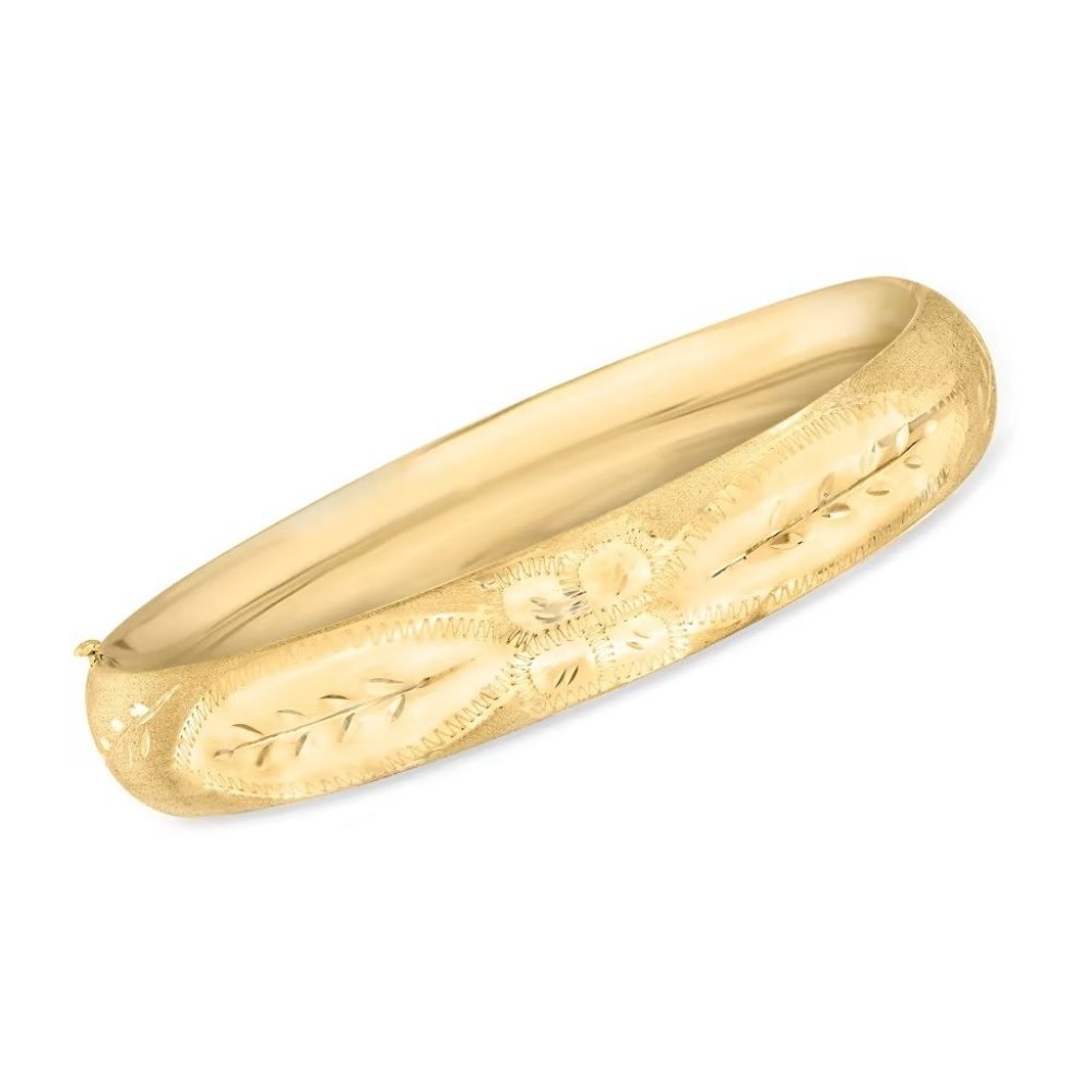 14kt Yellow Gold Textured and Polished Bangle Bracelet. 7"